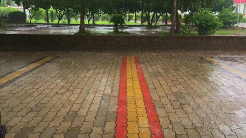 Tracking Shot of Rain Falling on Wet Brick Pavement in a Green Park Stock Footage 342590300