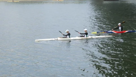 Tracking shot of rowers training in the river, Hong Kong Stock Footage 150263791