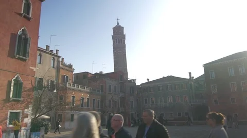 Tracking shot - Santo Stefano ,Venice,  bell tower leaning on one side - 4k Stock Footage 103201699