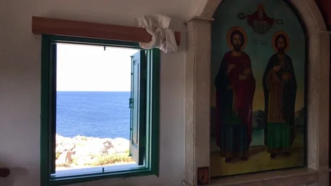Tracking Shot from Sea Side Chapel Window Stock-Footage 83343011