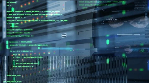 Tracking shot of server units in cloud service data center getting hacked by Stock Footage 121636882