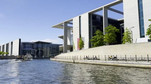 Tracking shot shows modern German Bundestag buildings in Berlin Stock-Footage 341526295