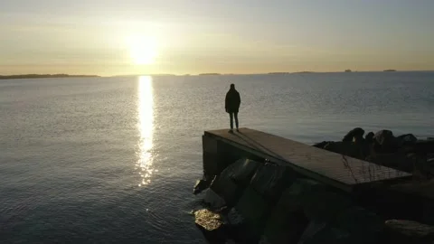 Tracking shot of a silhouetted man standing looking at sunrise over a lake Stock Footage 146293659