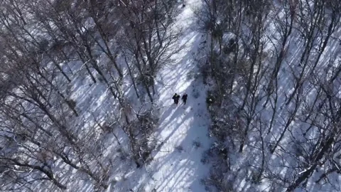 Tracking shot of snow mountain trees and people walking from above Stock Footage 158547570