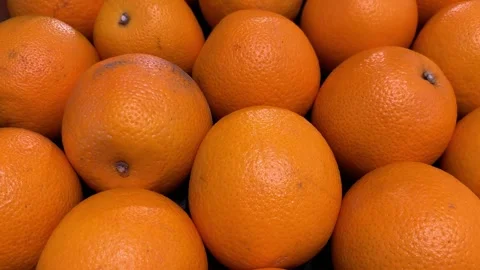 Tracking shot on Tarocco oranges displayed in a crate in Stock Footage 317949596