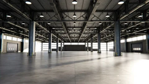 Tracking shot through empty warehouse or hangar Stock Footage 165563539