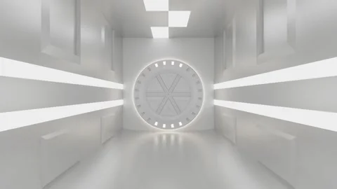 Tracking shot through an illuminated corridor to an opening airlock Stock Footage 156079280