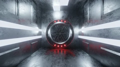 Tracking shot through an illuminated corridor to an opening airlock Stock Footage 167689676