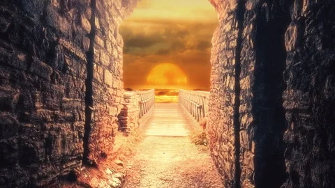 Tracking Shot Through Stone Passage Toward Sunset Bridge Видео 341676993