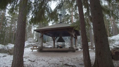 Tracking shot through trees towards a hut shelter with a camp fire Stock Footage 146278997