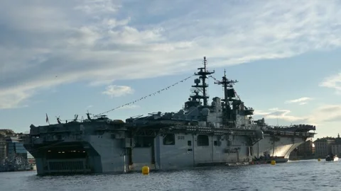 Tracking shot of USS Kearsarge’s bow with tiltrotors in Stockholm Stock Footage 320744324