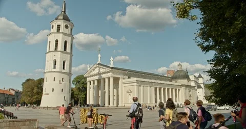 Tracking shot, Vilnius St. Stanislav Cathedral Basilica and Belfry, summer Stock Footage 115612879