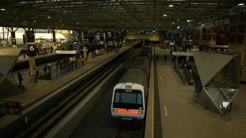 Tracking shot waiting train at Perth station in Western Australia 6K Video stock 312242483