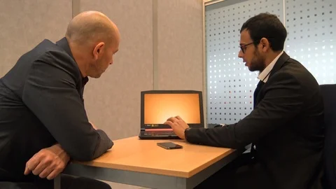 Tracking Shot Young Group Of 2 Business People with Computer in Office Stock Footage 121614633