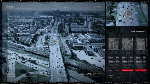 Tracking technology. Detecting a suspicious vehicle. Target info. Drone UI Stock Footage 292629173