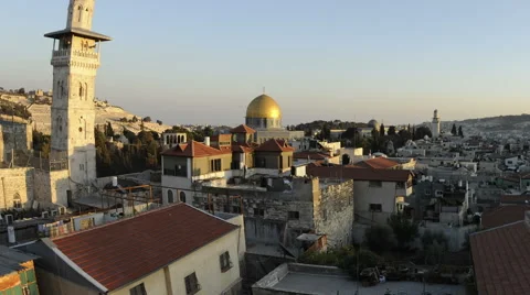 Tracking time-lapse of Jerusalem and the Dome of the Rock at dusk. Cropped. Stock Footage 54337243