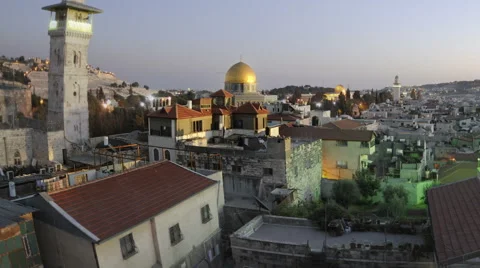 Tracking time-lapse of Jerusalem and the Dome of the Rock at sunset. Cropped. Stock Footage 54337687