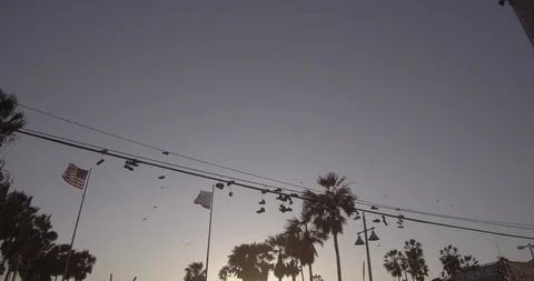 Tracking Under Overhead Wires With Shoes Hanging Stock Footage 86244437