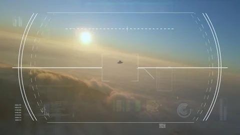 Tracking a Unidentified flying object above mountains and clouds - 3d hud Stock Photos