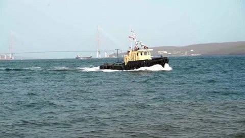 Tracking video of pilot boat cruising in high speed in the Sea of Japan Stock Footage 153728005