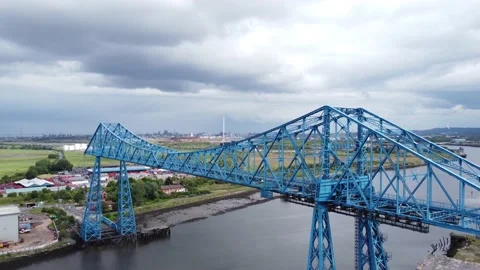 Tracking View of River Tees Middlesbrough Transporter Bridge, Tees Dock Stock Footage 196109940
