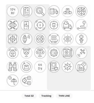Tracking Visual Pack containing 32 Thin Line PIXEL Perfect Vector Icons Stock Illustration