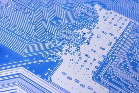 Tracks on the blue PCB close up Stock Photos