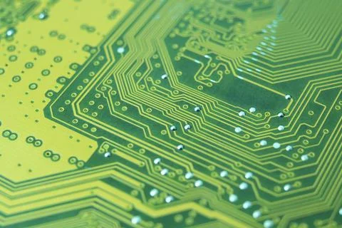 Tracks on the green PCB close up Stock Photos