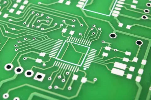 Tracks on the green PCB close up Stock Photos
