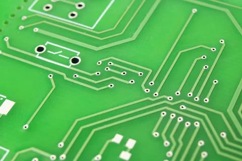 Tracks on the green PCB close up Stock Photos