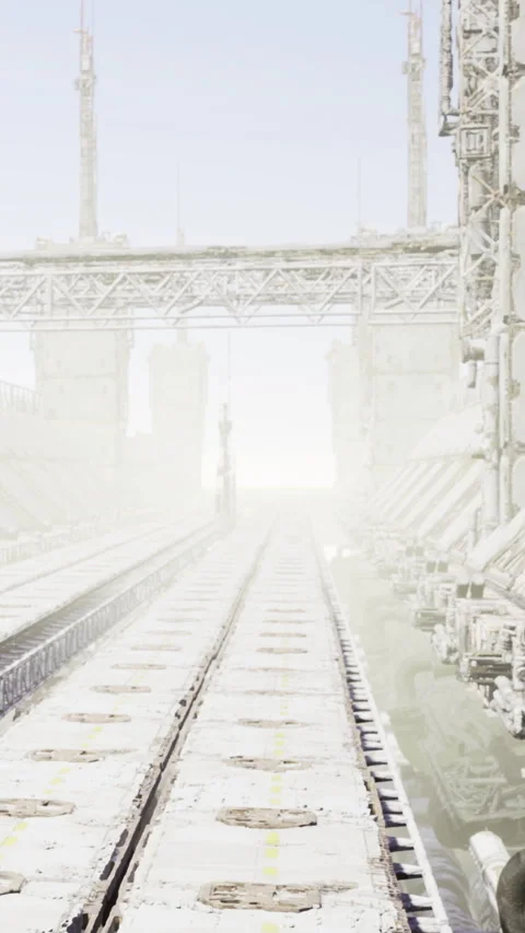 Tracks lead to empty space in a futuristic setting with tall structures Stock Footage 332208741