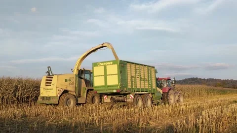 Tractor and corn harvester working in the field. Heavy machines harvesting corn Stock Footage 141609719