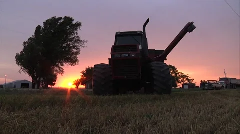 Tractor and grain cart pull away at sunset Stock-Footage 42351083