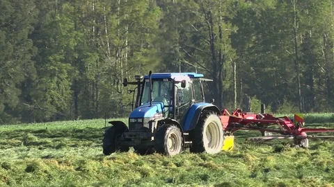 Tractor and grass rake gathering grass into rows to collect for making silage. Stock Footage 72387995