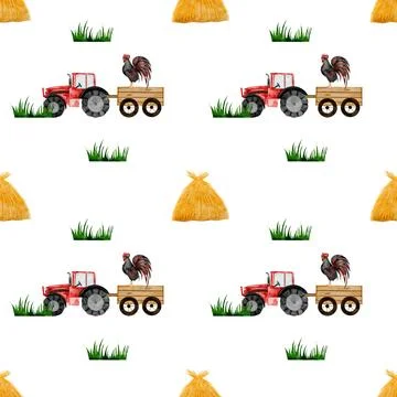 Tractor and haystack watercolor seamless pattern. Drawing of a red toy car with Illustrazione stock
