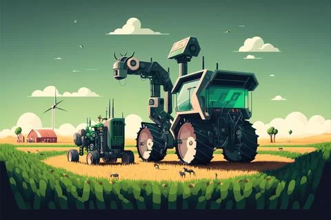 A tractor and a tractor trailer in a field with windmills in the background.. Stock Illustration