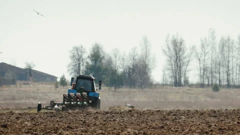 Tractor blue colour with big black wheels and a powerful grouser, heavy plows 스톡 동영상 106706794