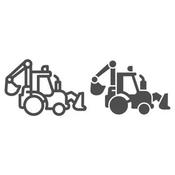 Tractor with bucket line and solid icon, heavy equipment concept, Backhoe sign Stock Illustration