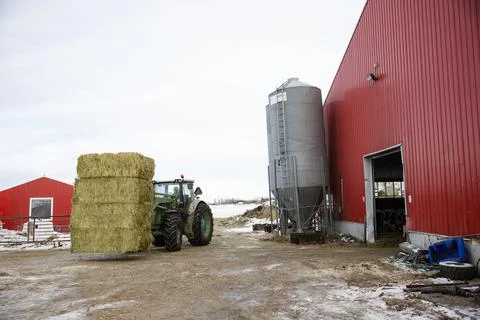 Tractor carrying haystack on farmyard Stock Photos