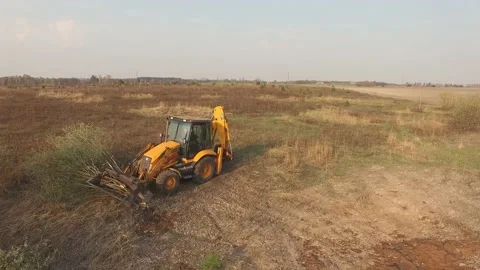 Tractor clears field of trees and shrubs with huge bucket. Destroying trees and  Stock Footage 224374431