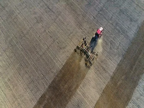 Tractor cultivating striped field in Springtime, aerial view Stock Footage