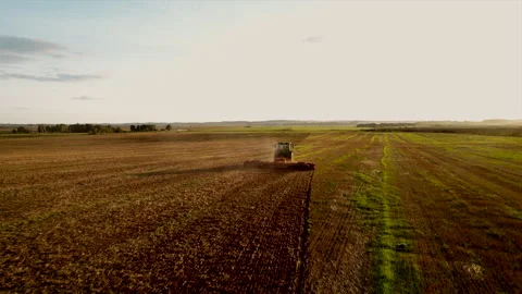 Tractor with cultivator plowing field. Tractor disk harrow on ploughing a soil. Stock Footage 206434603