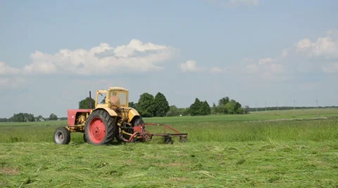 Tractor cutting the grass makes bend in the meadow Stock Footage 33059422