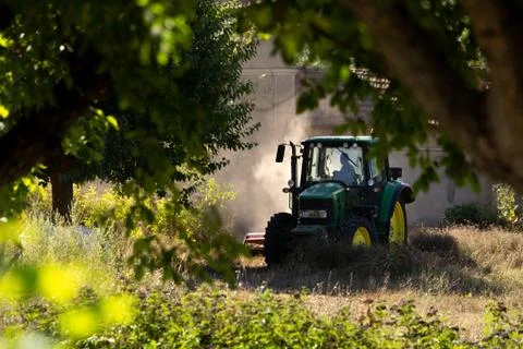 A tractor cutting grass in summer Stock Photos