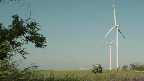A tractor with a device for spraying fields stands among the field against the Stock Footage 133062535
