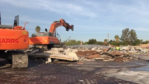 Tractor Digger Crane Backhoe Working on Demolition Site Stock Footage 99066798