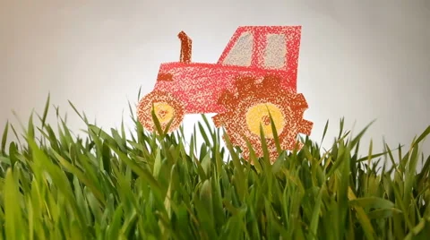 Tractor drawn icon on Grass green summer background. Stockbeeldmateriaal 62382701