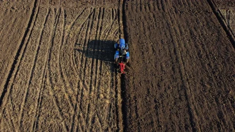 Tractor driver on tractor plows land. Aerial. Farmer in tractor plowing ground Stock Footage 169184808