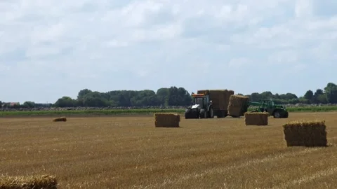 A tractor drives through a field collecting hay into bales. Stock Footage 329557731
