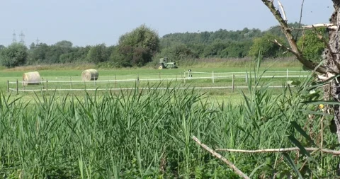 Tractor driving across a plain green grass field Vídeos de archivo 160631589